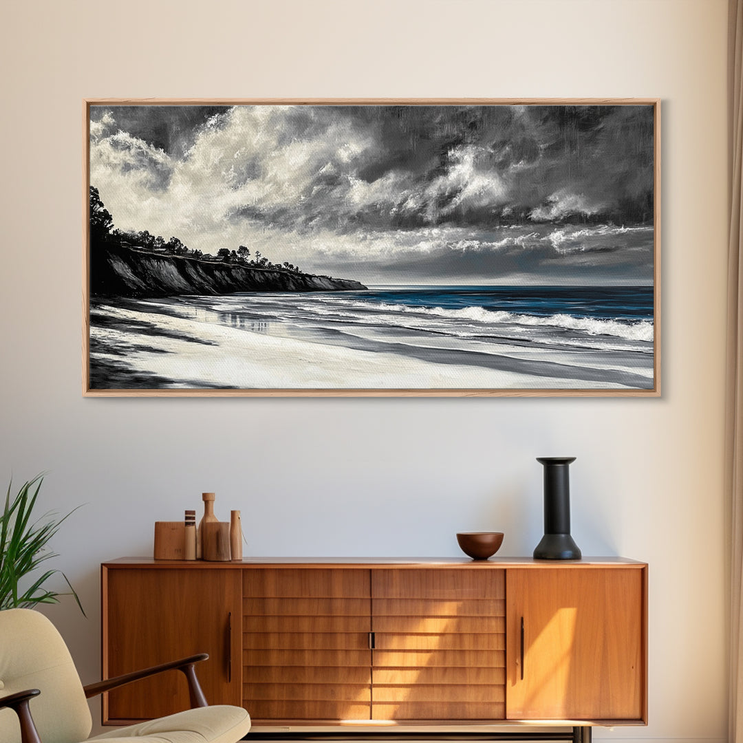 Moody Seascape, Stormy Ocean, Dramatic Sky, Beach Wall Art, Black and White Coastal Decor, Framed Canvas Print, Large Landscape Art