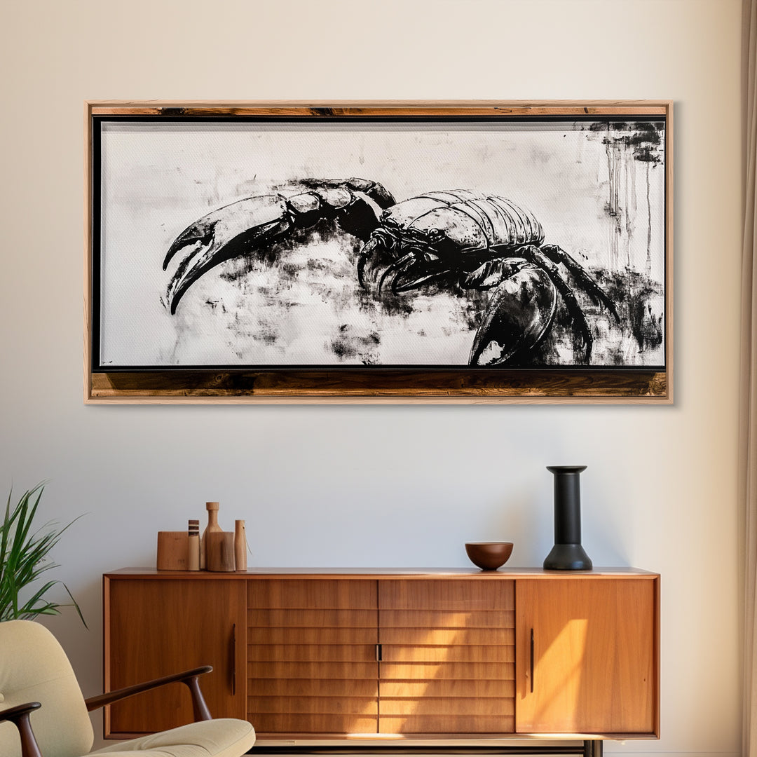 Crab Art, Black and White Coastal Decor, Nautical Wall Art, Beach House Aesthetic, Rustic Framed Canvas Print, Ocean Wildlife Art