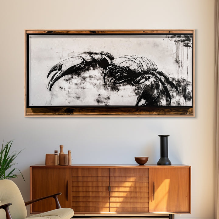 Crab Art, Black and White Coastal Decor, Nautical Wall Art, Beach House Aesthetic, Rustic Framed Canvas Print, Ocean Wildlife Art