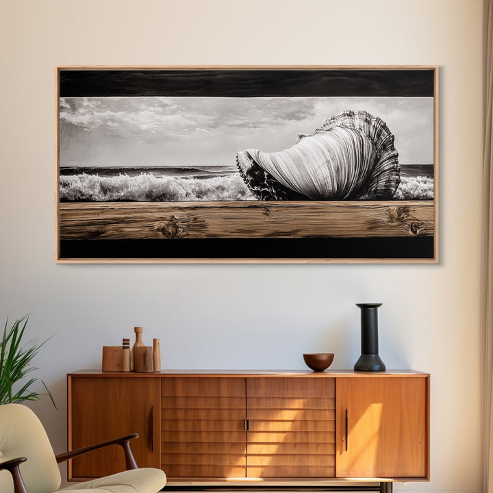 Seashell and Waves, Nautical Art, Coastal Beach Decor, Black and White Seascape, Ocean Home Art, Framed Canvas Print, Elegant Art