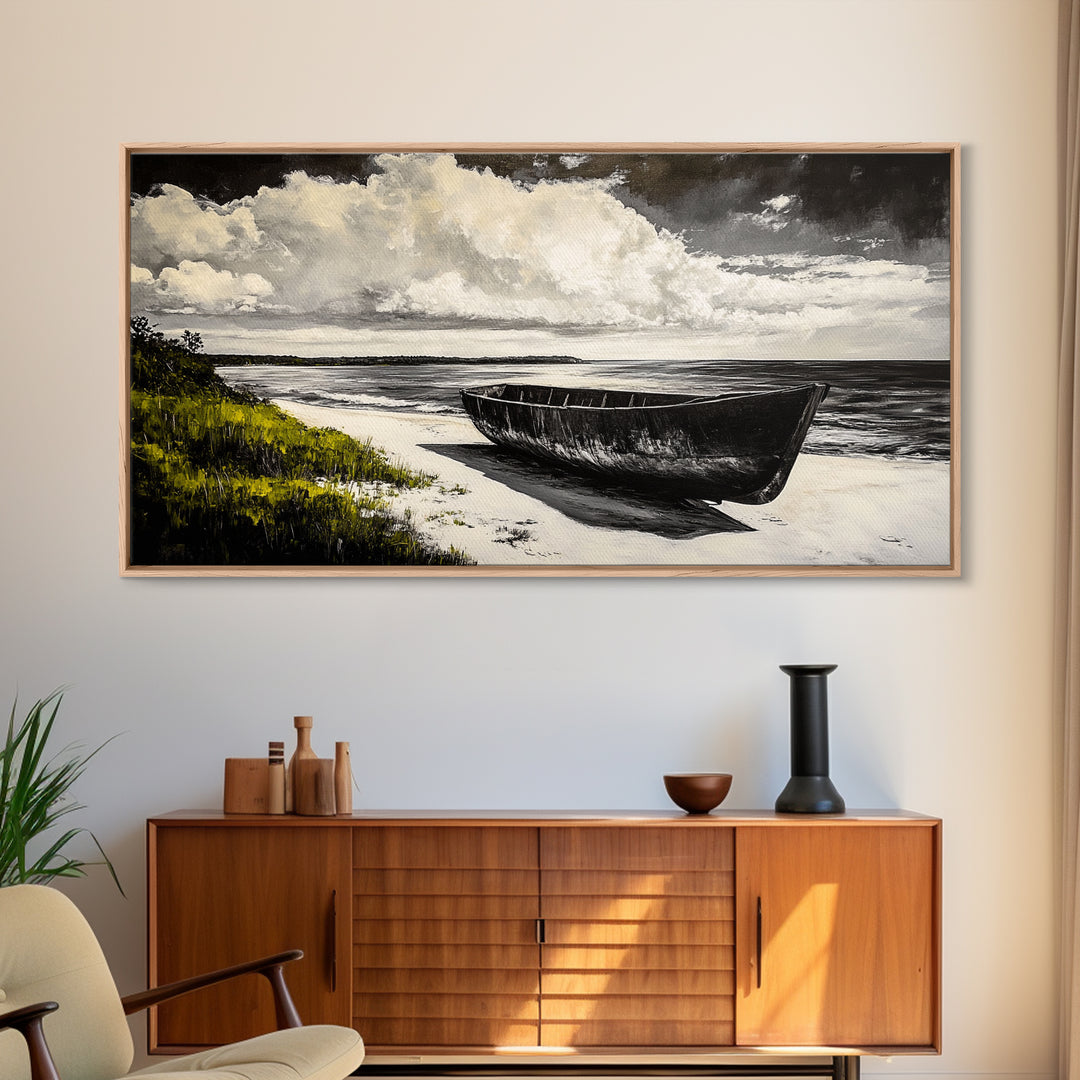 Abandoned Boat, Black White, Seaside Art, Framed Canvas Print, Rustic Beach Decor, Nautical Wall Art, Coastal Print, Office Decor