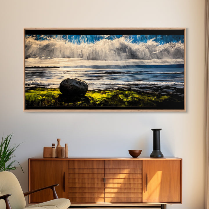 Coastal Rain, Ocean Reflection, Scenic Wall Art, Framed Canvas Print, Serene Nature Print, Landscape Decor, Bedroom Wall Art