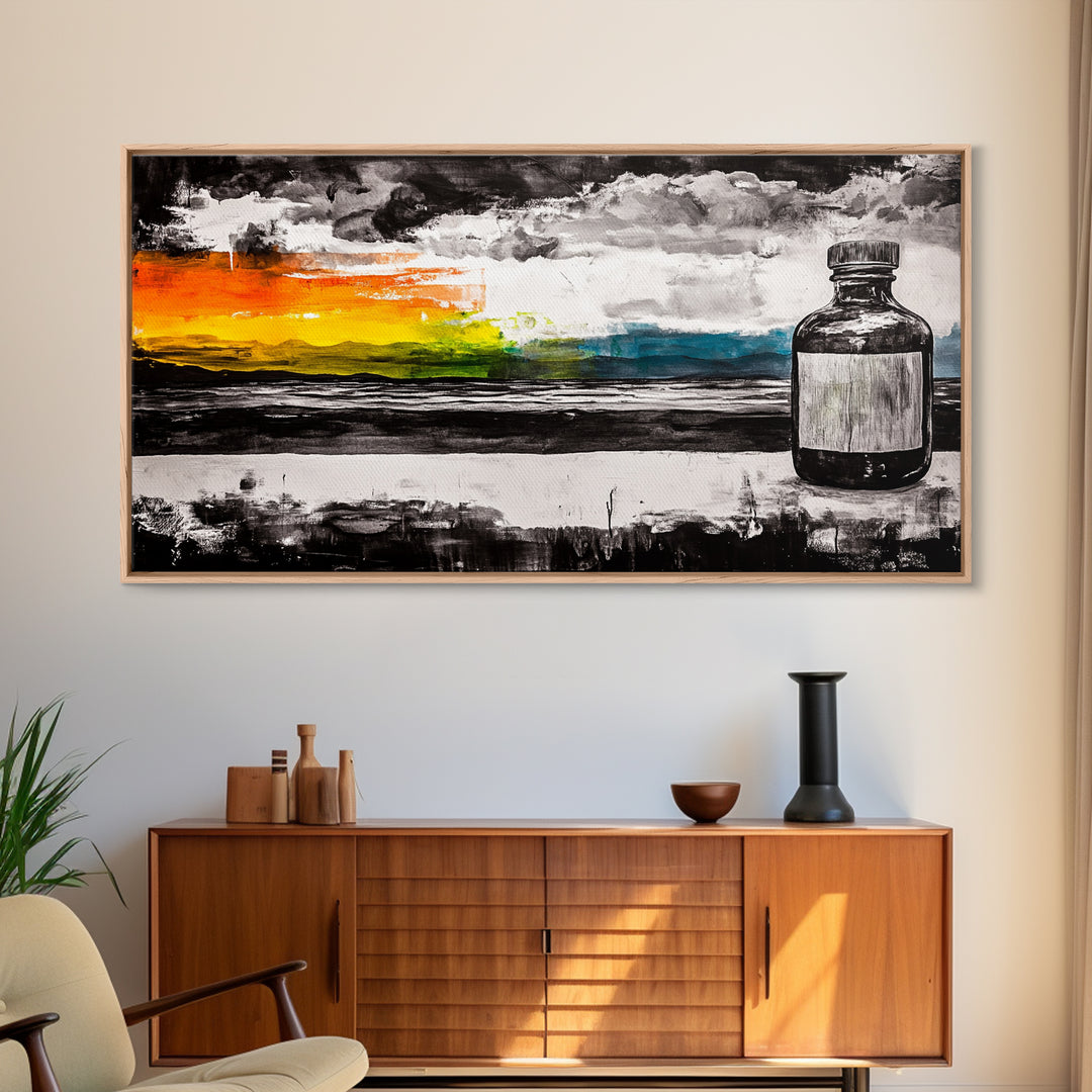 Medicine Bottle, Surreal Art, Sunset Print, Framed Canvas Print, Dreamy Landscape, Modern Wall Decor, Eclectic Art, Office Artwork