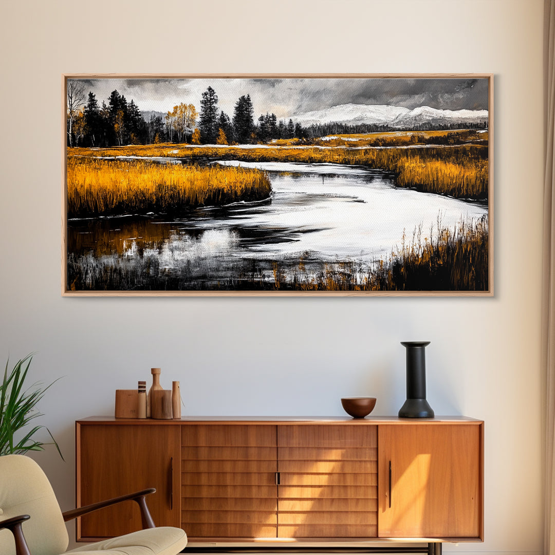 Autumn Landscape, Rustic River Scene, Golden Fields, Nature Wall Art, Farmhouse Style, Cabin Decor, Warm Tones, Framed Canvas Print