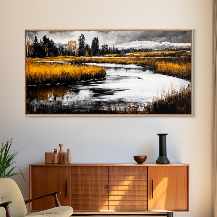 Autumn Landscape, Rustic River Scene, Golden Fields, Nature Wall Art, Farmhouse Style, Cabin Decor, Warm Tones, Framed Canvas Print