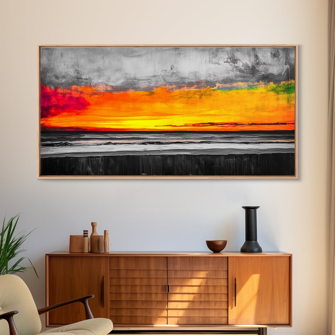 Coastal Sunset, Ocean Horizon, Bold Colors, Black and White Contrast, Modern Abstract, Warm Tones, Large Wall Art, Framed Canvas Print ?