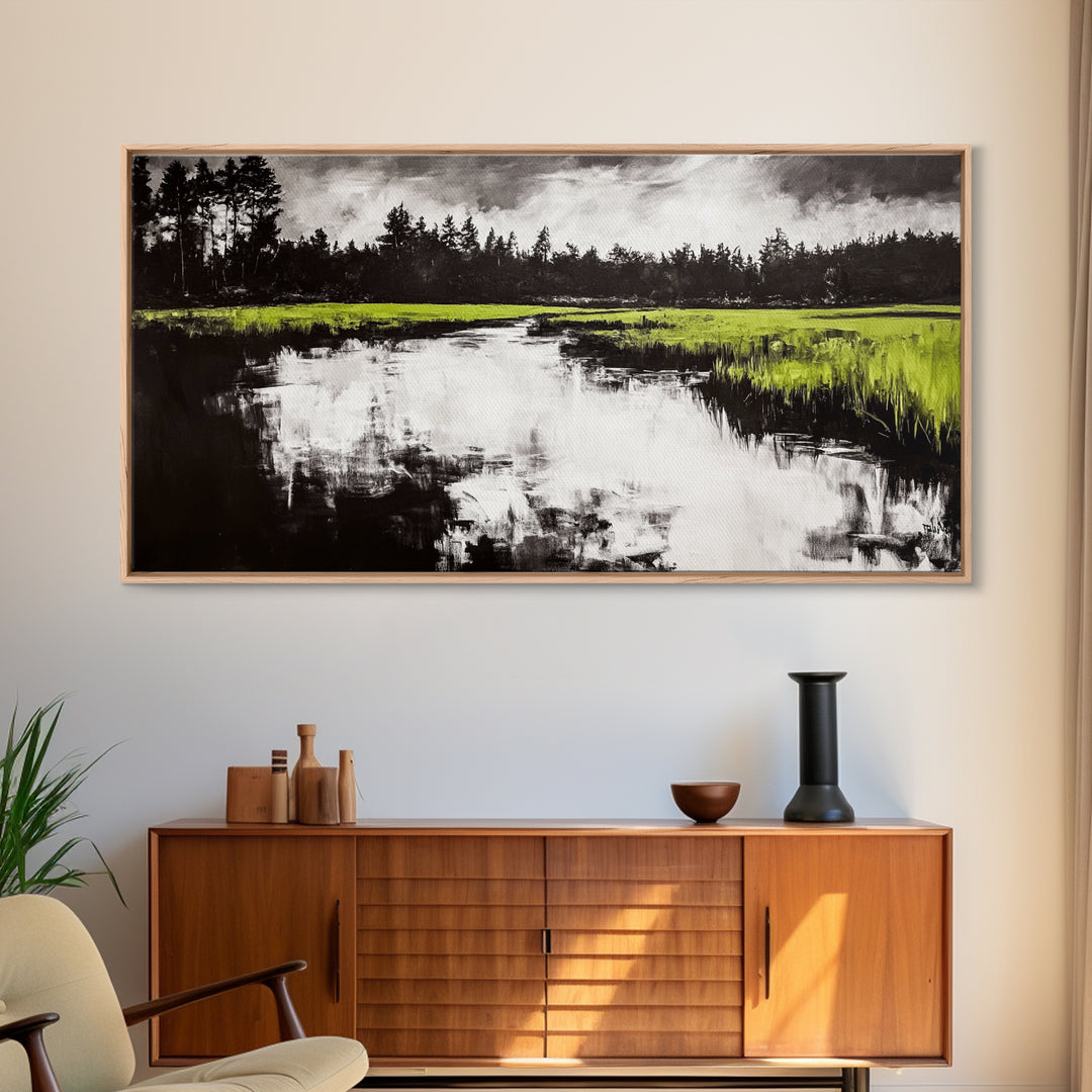 River Reflection, Nature Art, Moody Landscape, Modern Canvas Print, Green and Black, Office Wall Art, Minimalist Home Decor, Rustic Art