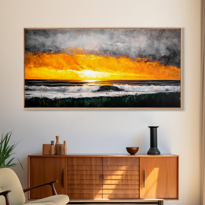 Ocean Sunset, Dramatic Clouds, Beach Waves, Framed Canvas Print, Coastal Wall Art, Living Room Art, Large Wall Decor