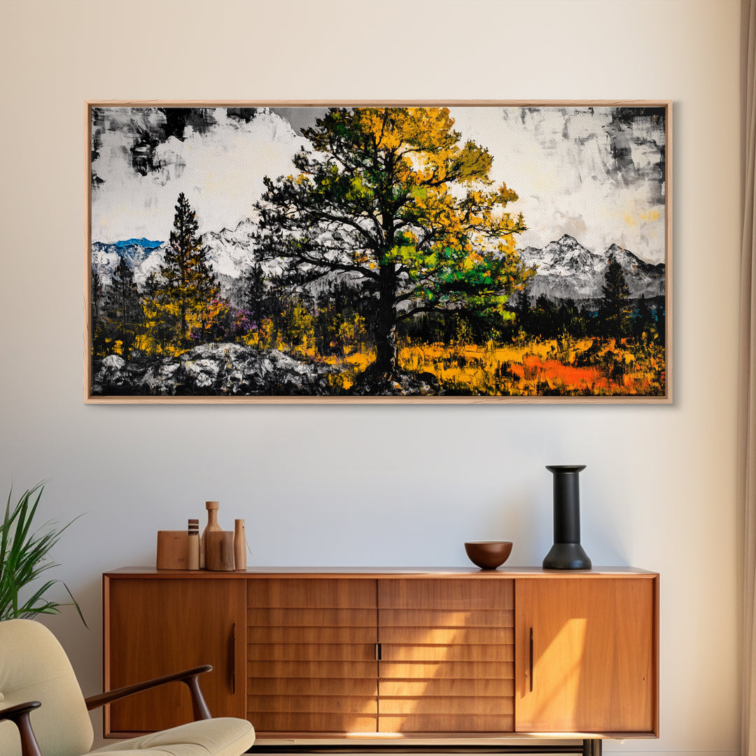 Autumn Tree Art, Mountain Landscape Painting, Fall Wall Decor, Nature Lover Gift, Framed Canvas Print, Rustic Cabin Home Accent