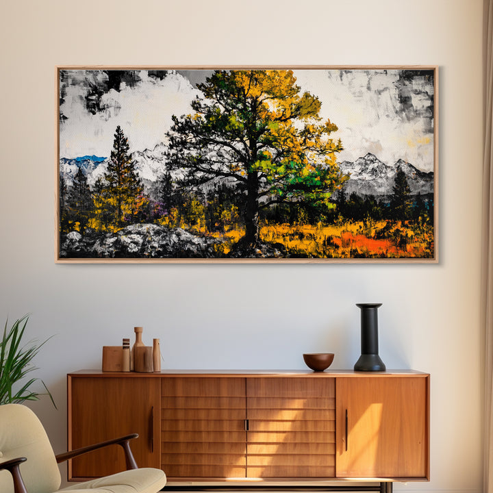 Autumn Tree Art, Mountain Landscape Painting, Fall Wall Decor, Nature Lover Gift, Framed Canvas Print, Rustic Cabin Home Accent