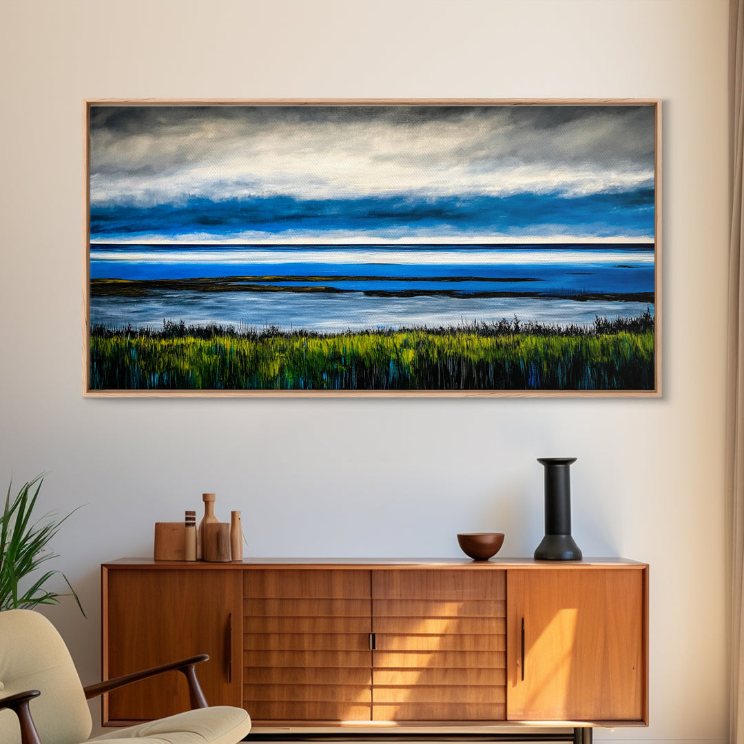 Ocean Horizon, Blue Sky, Coastal, Minimalist, Framed Canvas Print, Seascape Painting, Modern Wall Art, Living Room Decor, Tranquil Scene