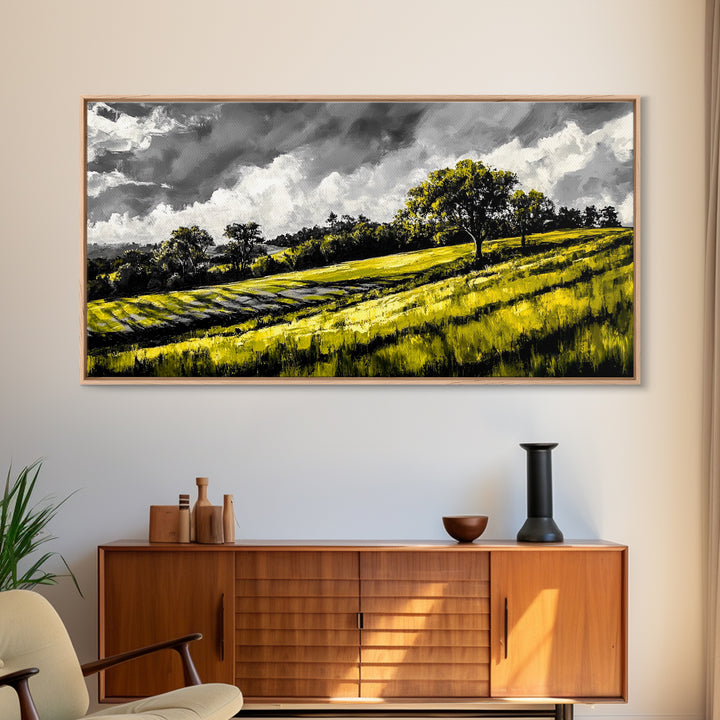 Rolling Hills Landscape, Peaceful Countryside Art, Green Field Painting, Rustic Home Decor, Framed Canvas Print, Serene Wall Accent