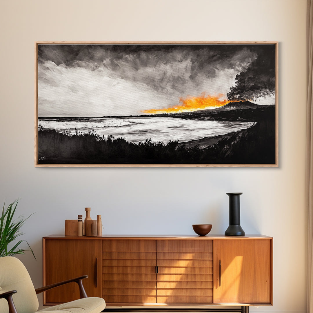 Volcano Eruption, Dramatic Landscape Art, Black and White Wall Art, Fiery Sunset Painting, Large Framed Canvas Print, Office Decor