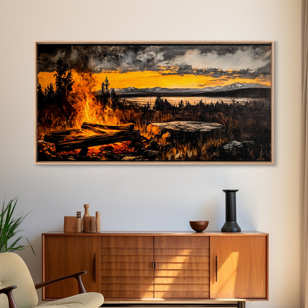 Campfire, Mountain Art, Sunset Landscape, Wilderness Print, Outdoor Wall Art, Adventure Home Decor, Cabin Wall Art, Framed Canvas Print