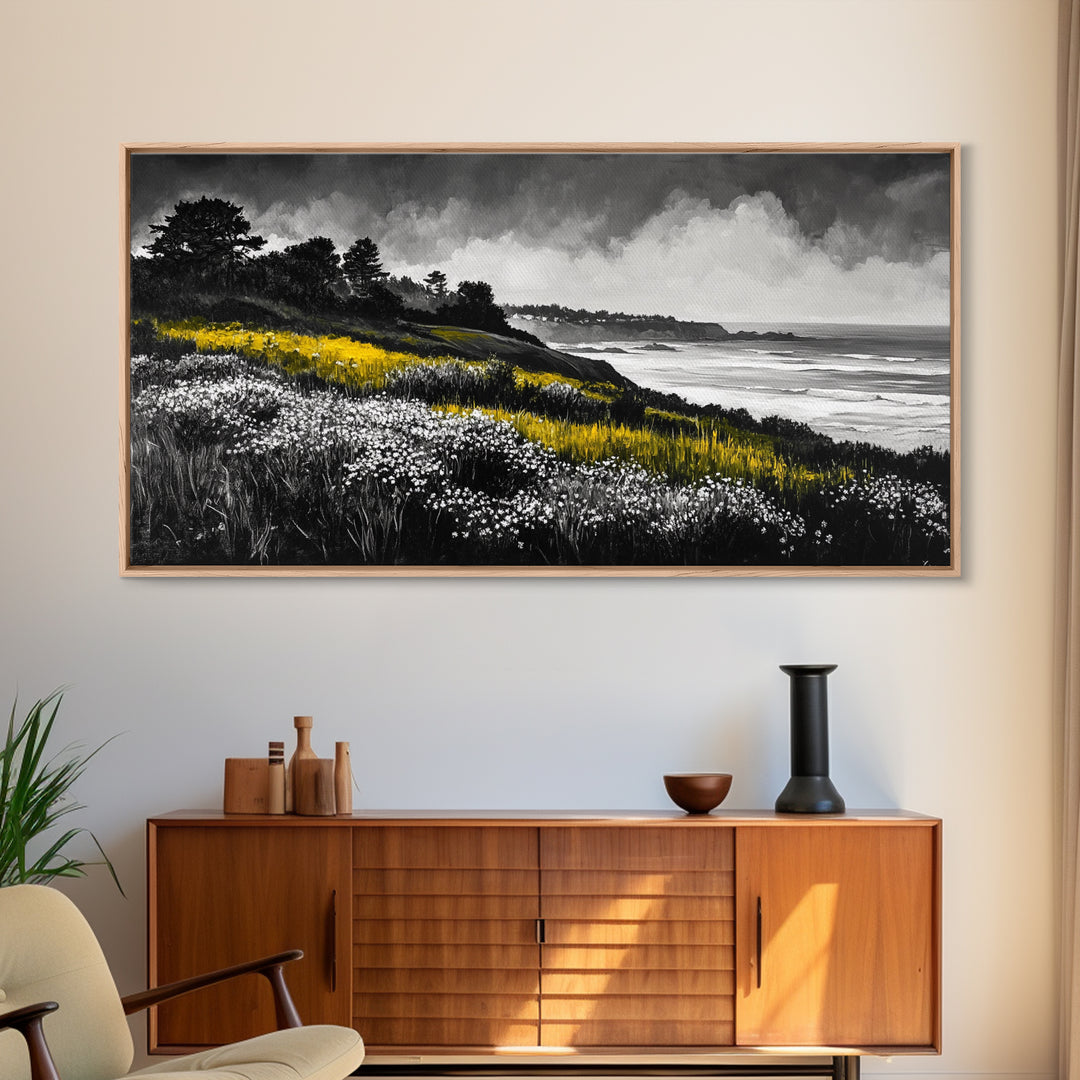 Coastal Meadow, Floral Landscape, Beach Painting, Black and White Art, Nature Wall Decor, Minimalist Art, Framed Canvas Print, Gift Idea