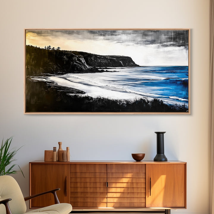 Cliffside Coast, Dramatic Seascape, Black and White Landscape, Ocean View, Modern Art, Living Room Decor, Framed Canvas Print, Coastal Home