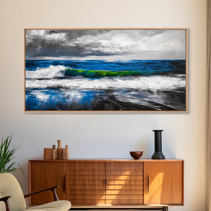 Blue Ocean, Stormy Seascape, Modern Coastal Art, Contemporary Painting, Large Beach Wall Art, Bedroom Decor, Framed Canvas Print, Gift Idea
