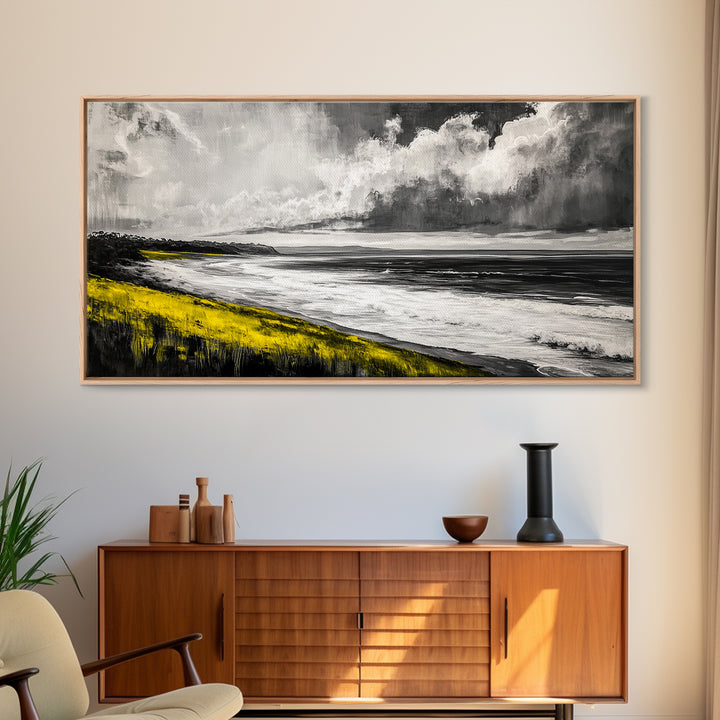 Coastal Horizon, Ocean Beach Art, Black and White Wall Decor, Dramatic Sky, Yellow Grass, Modern Landscape, Serene View, Framed Canvas Print