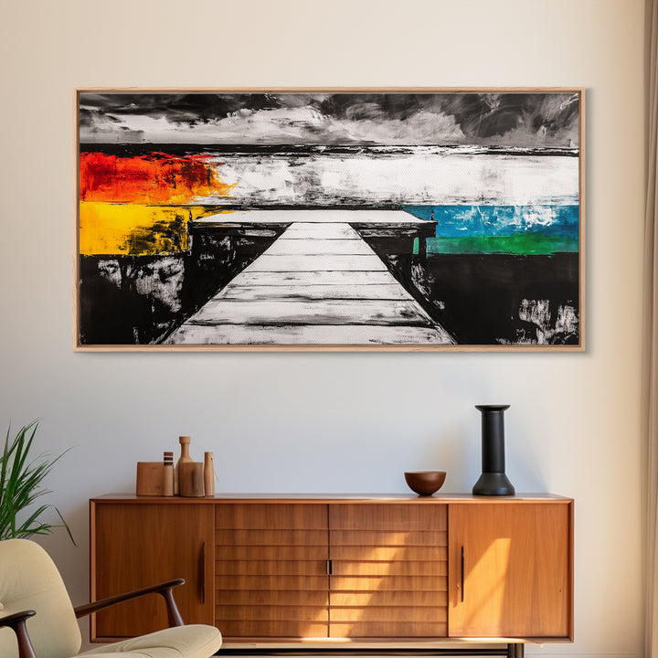 Pier to Infinity, Abstract Coastal Art, Black and White, Surreal Landscape, Minimalist Aesthetic, Nautical Decor, Framed Canvas Print