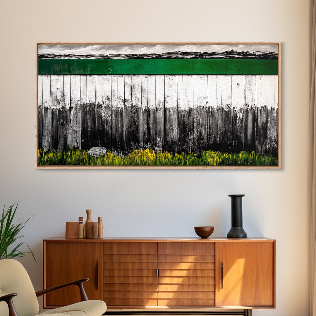 Rustic Fence, Green Landscape, Modern Country Art, Black and White with Color, Nature Inspired, Farmhouse Decor, Serene View, Canvas Print