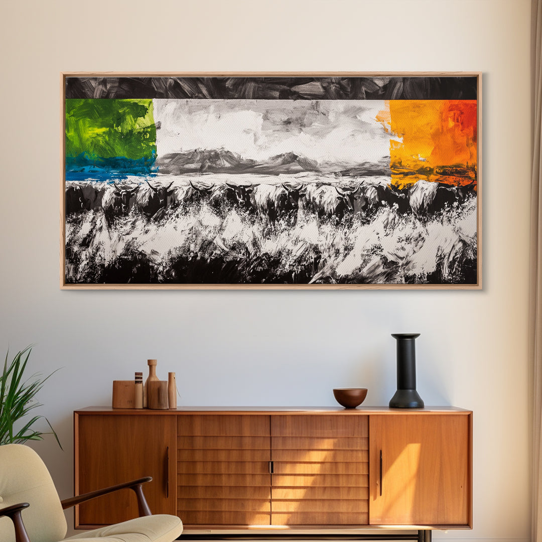 Abstract Cattle, Western Art, Colorful Farm Scene, Framed Canvas Print, Modern Ranch Wall Decor, Farmhouse Style, Rustic Artwork