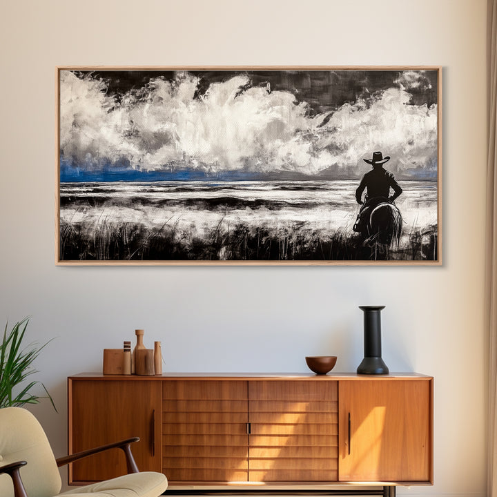 Cowboy Horizon, Western Landscape, Rustic Horse Rider, Framed Canvas Print, Southwestern Home Decor, Black and White Wall Art