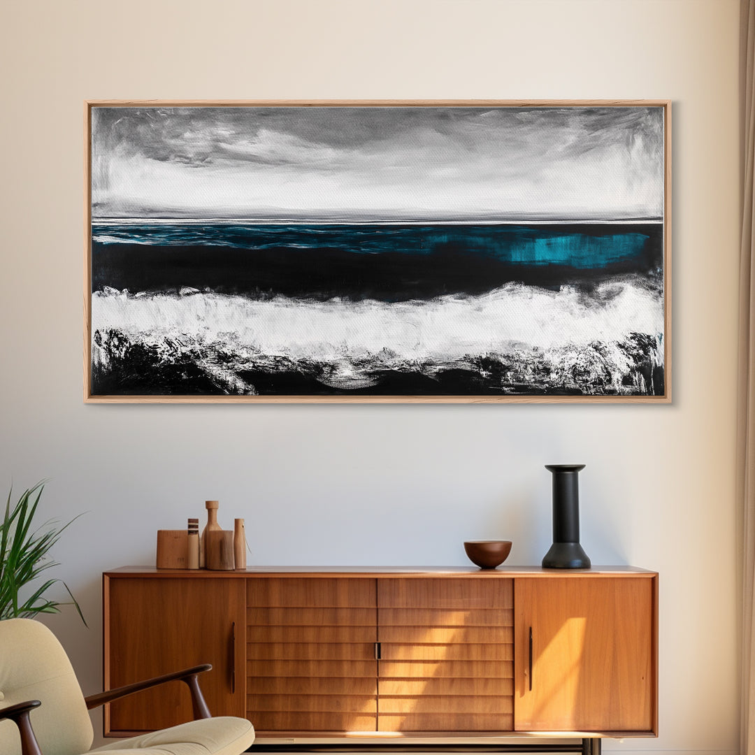 Ocean Horizon, Moody Seascape, Black and White Waves, Framed Canvas Print, Modern Coastal Wall Art, Beach House Decor, Minimalist Art