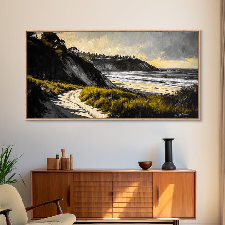 Coastal Path, Ocean View, Beach Sunset, Framed Canvas Print, Modern Wall Art, Landscape Painting, Living Room Art, Nautical Decor
