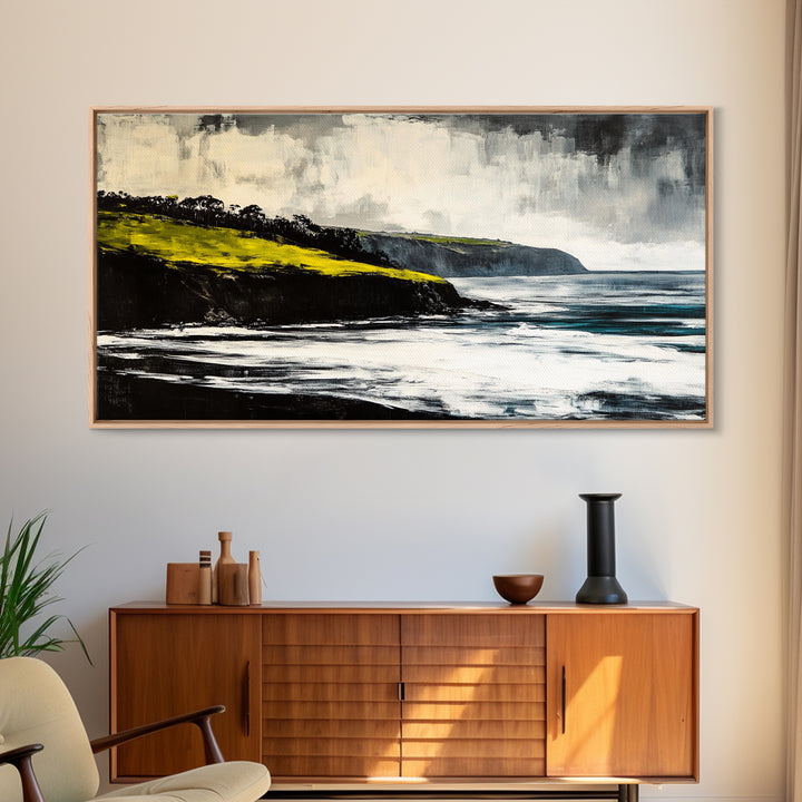 Ocean Cliffs, Misty Coastline, Stormy Sea, Canvas Print, Moody Seascape Art, Living Room Decor, Minimalist Wall Art, Nature Painting