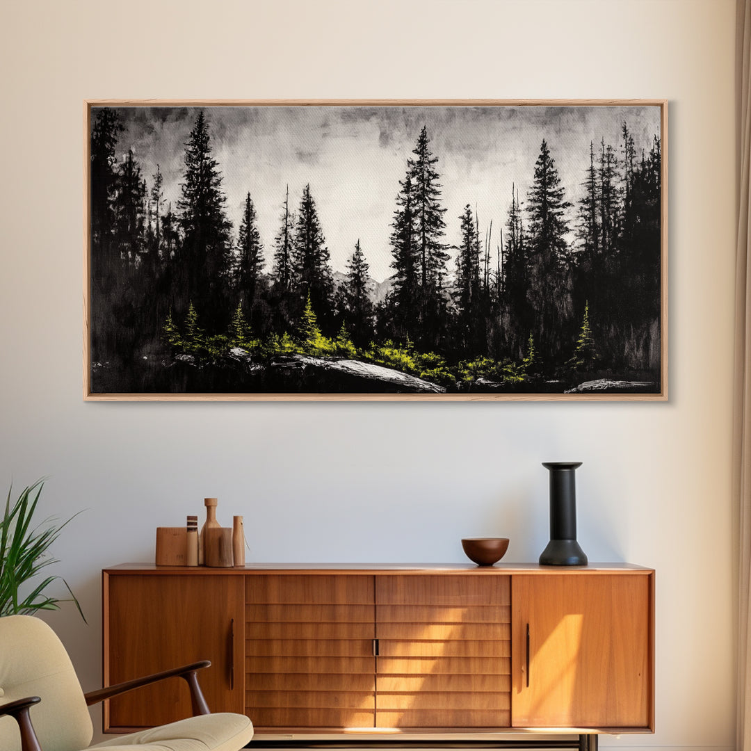 Black Forest, Dark Landscape, Modern Wall Art, Minimalist Nature, Moody Trees, Framed Canvas Print, Living Room Decor, Rustic Cabin Art