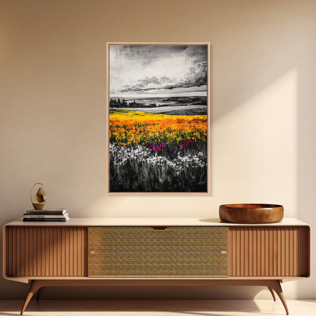 Black White Landscape, Yellow Wildflower Field, Nature Wall Art, Rustic Farmhouse Art, Country Home Decor, Office Art, Framed Canvas Print