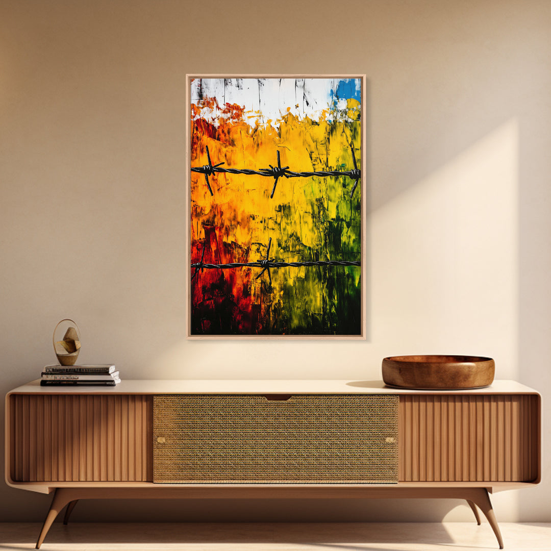 Barbed Wire Wall Art, Red Yellow Green, Bold Abstract Painting, Modern Industrial Decor, Statement Piece, Office Wall Art, Canvas Print
