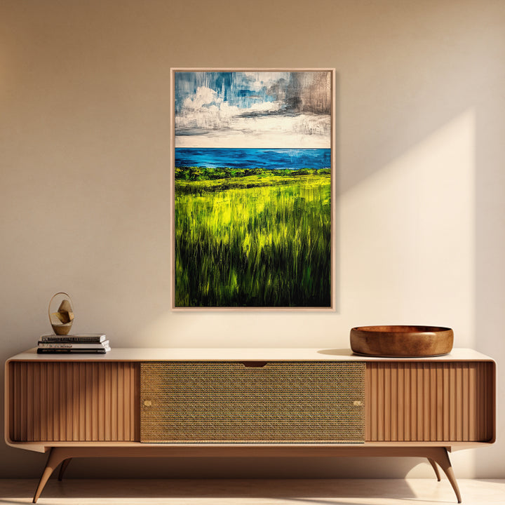 Coastal Landscape, Ocean View, Green Fields, Framed Canvas Print, Serene Wall Art, Nature Inspired, Tranquil Beach Decor, Modern Art