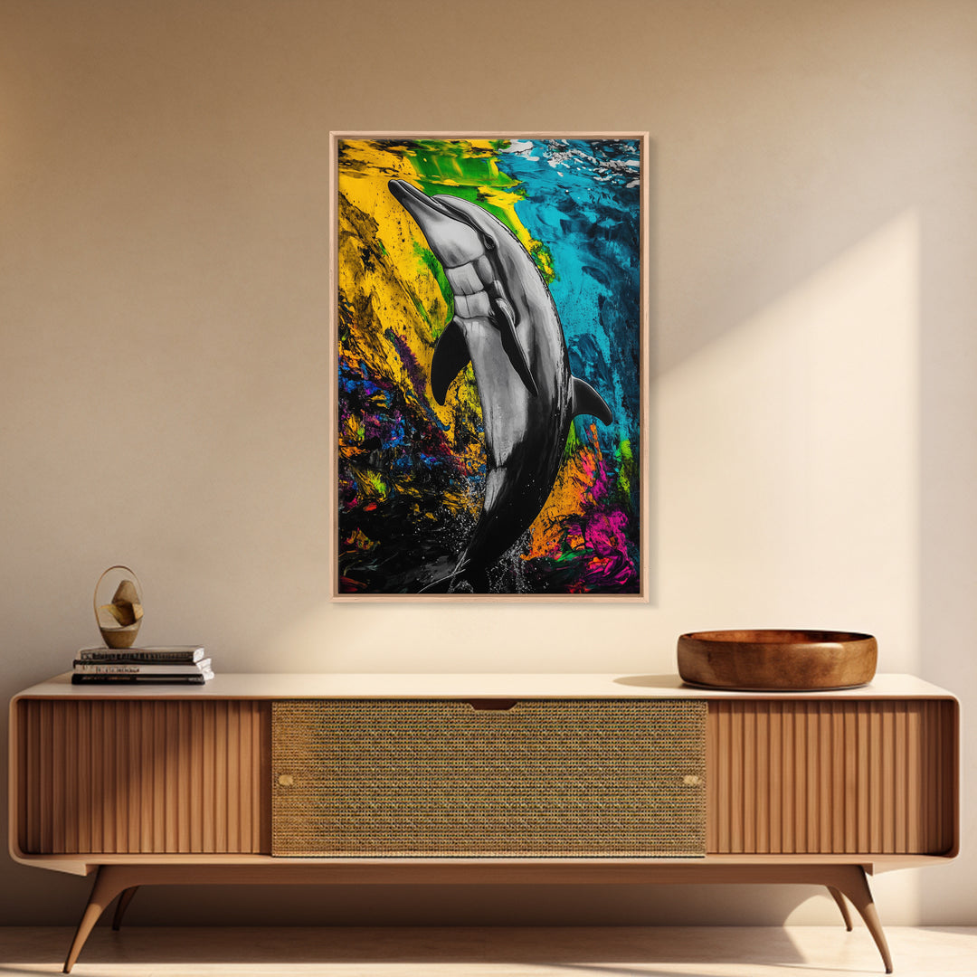 Dolphin Art, Vibrant Colors, Underwater Scene, Framed Canvas Print, Ocean Wall Decor, Marine Life Art, Coastal Vibes, Nautical Home Decor