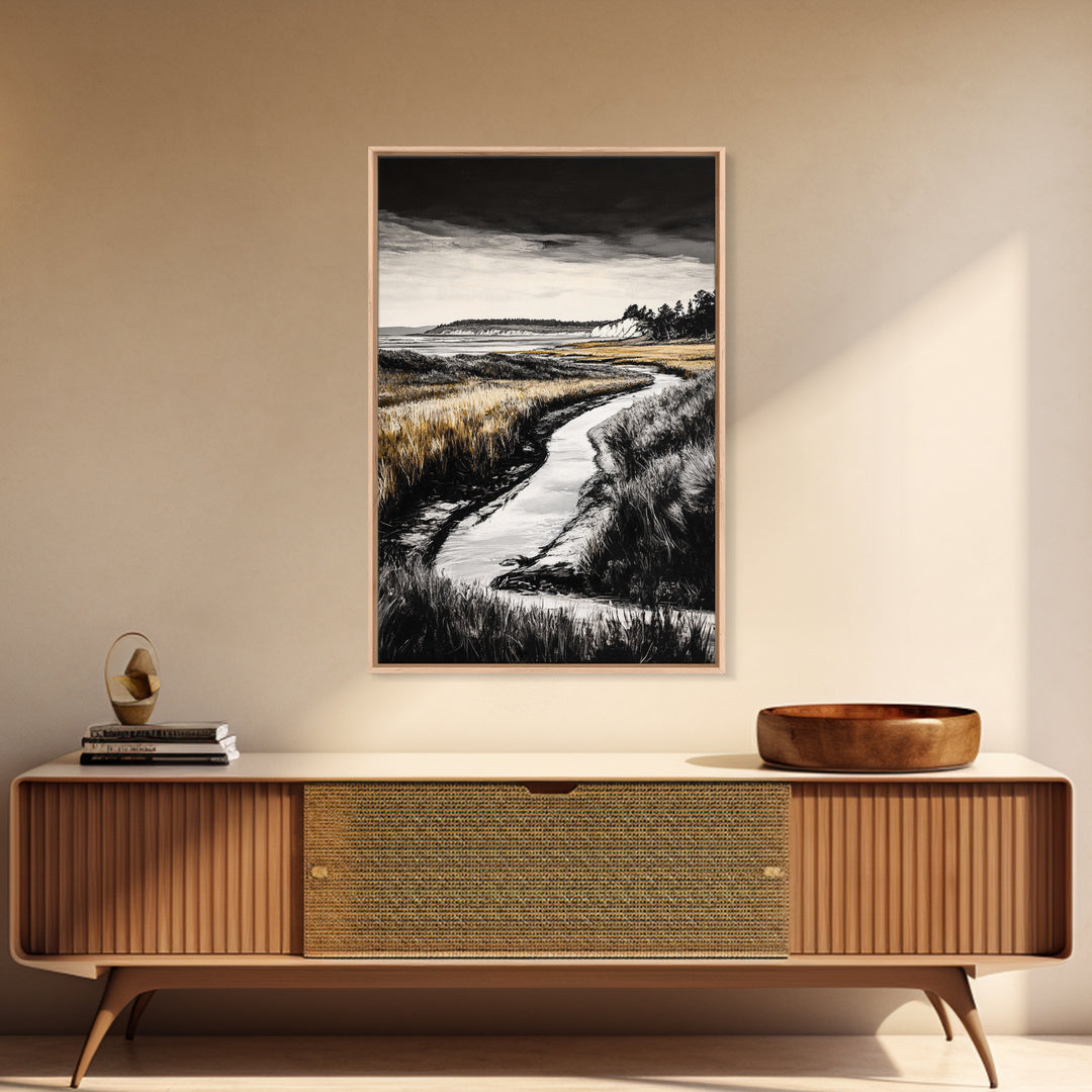 Coastal Landscape, Black and White, Framed Canvas Print, Nature Wall Art, Living Room Decor, Modern Farmhouse Art, Neutral Tones