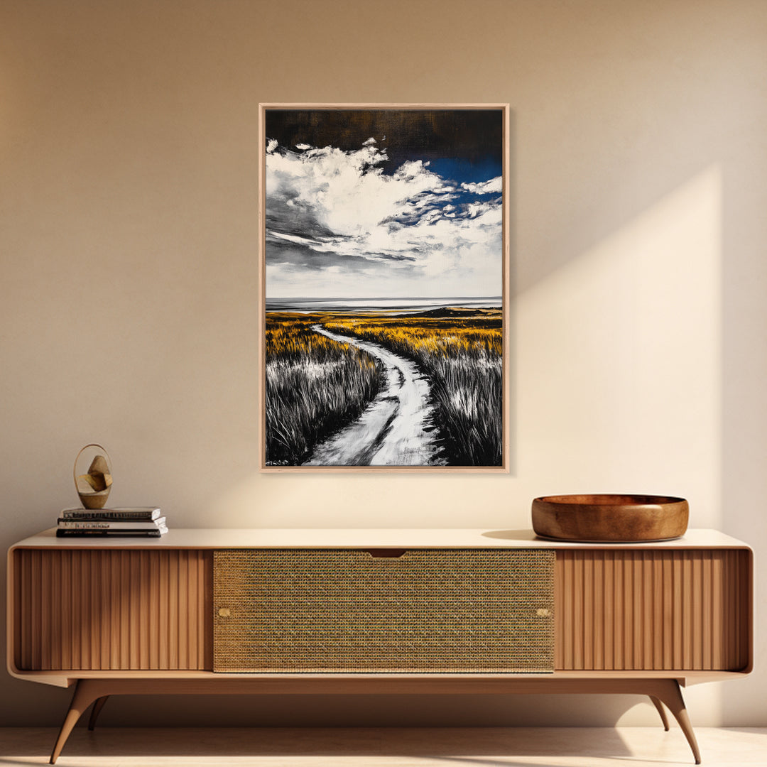 Pathway, Open Fields, Framed Canvas Print, Rustic Landscape, Countryside Decor, Farmhouse Wall Art, Neutral Tones, Home Gift Idea