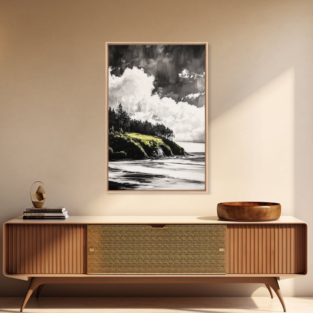 Coastal Cliffs, Black and White Landscape, Moody Sky Painting, Rustic Nature Wall Art, Office Decor, Framed Canvas Print