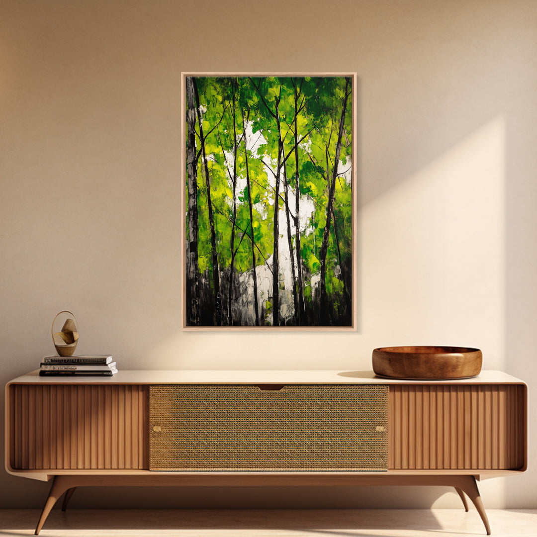 Birch Trees, Green Forest Art, Nature Landscape, Abstract Painting, Contemporary Wall Decor, Earthy Home Art, Framed Canvas Print