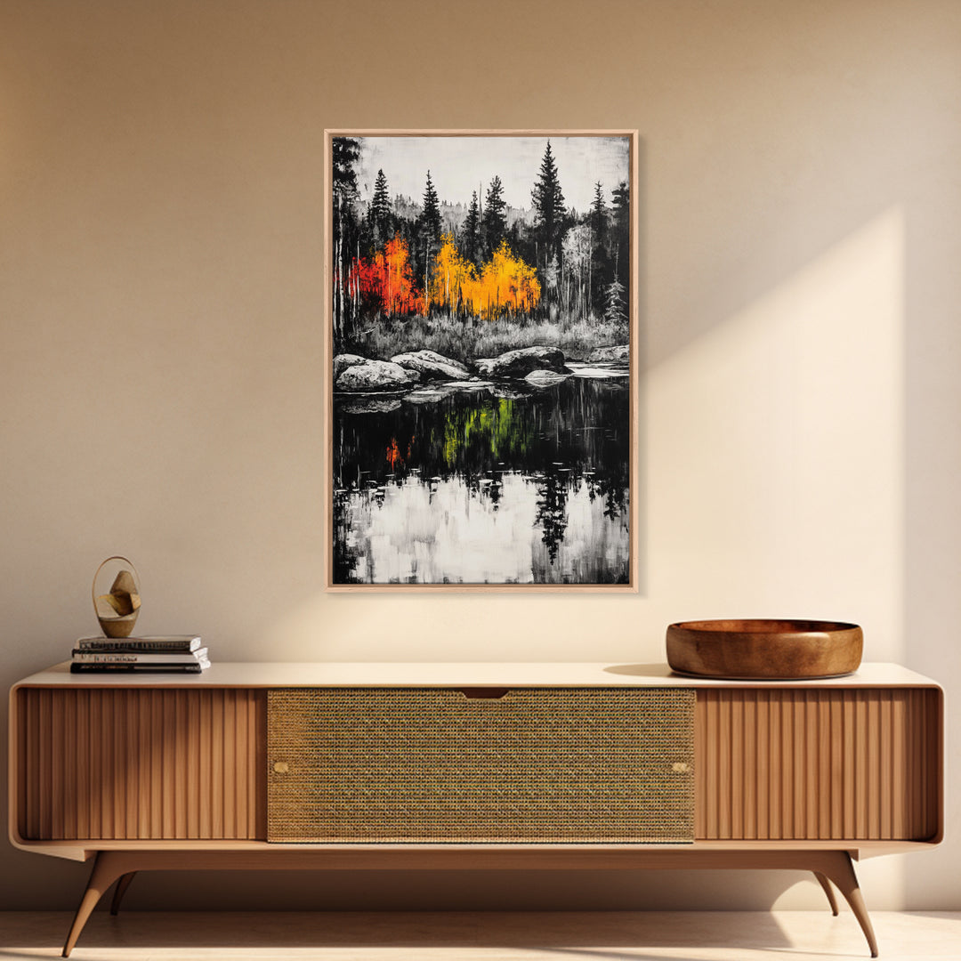 Autumn Reflection, Fall Forest Art, Lake Landscape, Vibrant Trees, Seasonal Painting, Warm Home Decor, Canvas Print