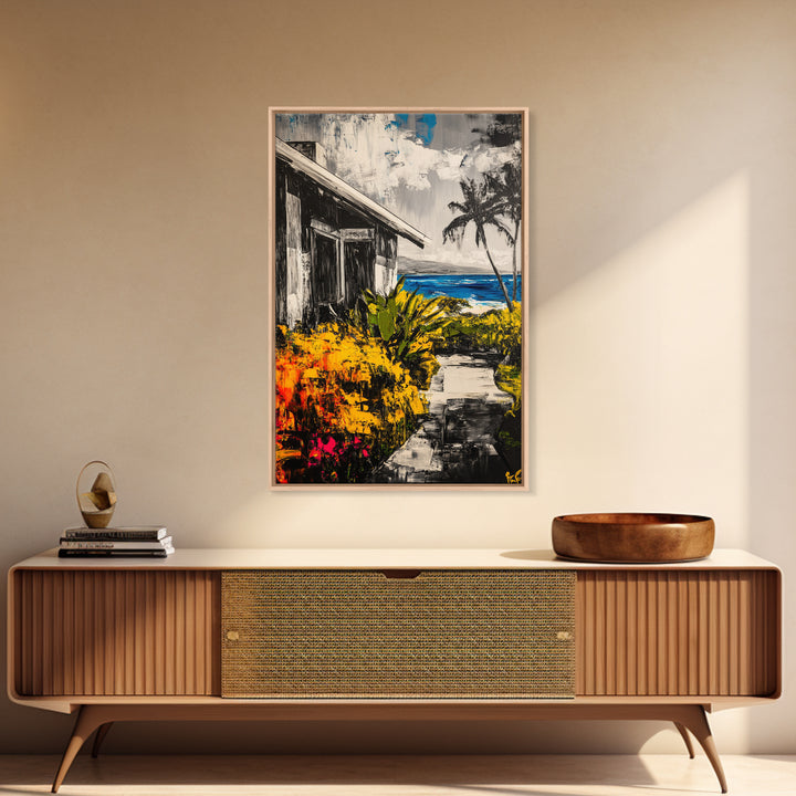 Beach House Path, Black White Coastal Art, Yellow Green Foliage, Tropical Landscape, Ocean Wall Decor, Beach Home, Framed Canvas Print