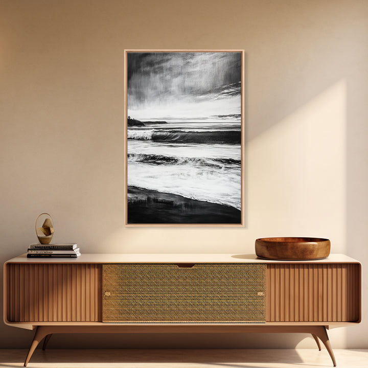 Black and White Waves, Ocean Painting, Dramatic Coastline, Minimalist Art, Framed Canvas Print, Modern Seascape, Contemporary Wall Art