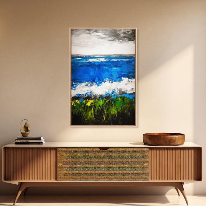 Abstract Ocean View, Blue Green Black White, Coastal Wall Art, Modern Beach Home Decor, Bold Statement Painting, Office Art, Canvas Print