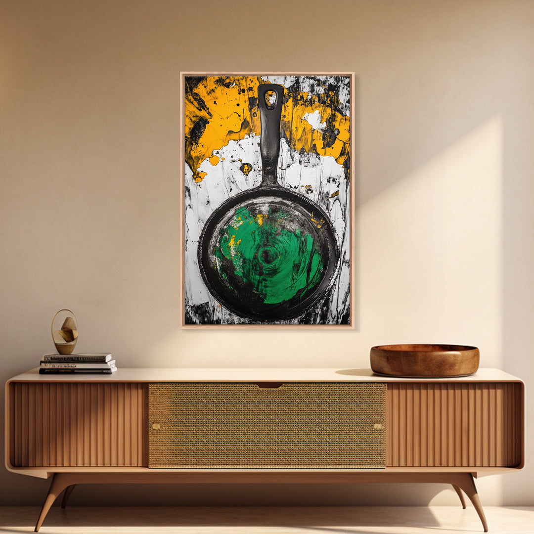 Abstract Frying Pan, Rustic Kitchen Art, Modern Industrial Wall Decor, Black Yellow Green Art, Unique Foodie Gift, Canvas Print
