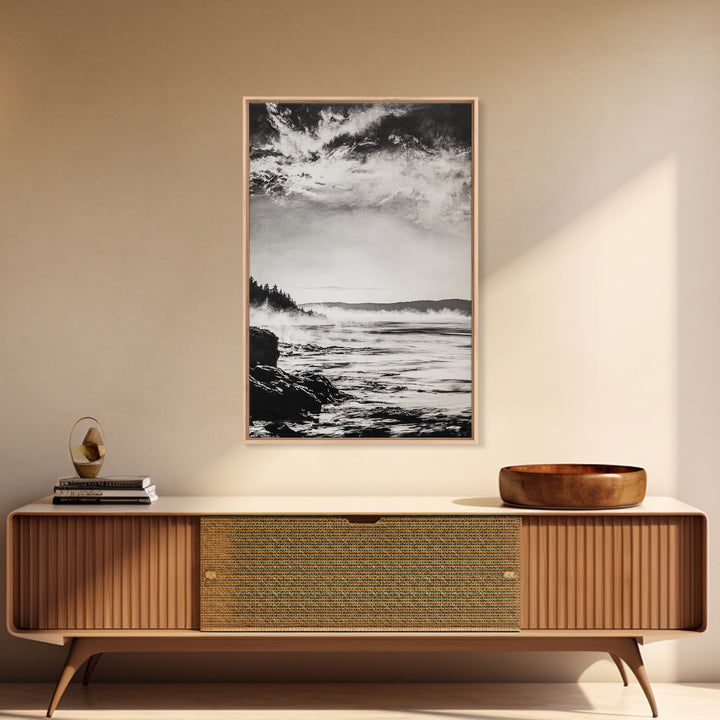 Coastal Mist, Moody Seascape, Black and White Ocean, Nautical Wall Art, Minimalist Decor, Living Room Art, Canvas Print, Gift Idea