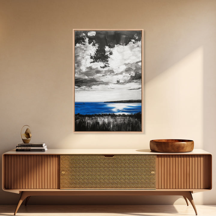 Blue Horizon, Ocean Landscape, Coastal Wall Art, Black and White Sky, Beach House Decor, Modern Art, Framed Canvas Print, Tranquil Design