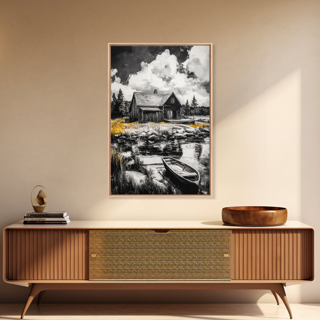 Cabin Reflection, Rustic Home Art, Log House Painting, Tranquil Lake, Country Home Wall Decor, Framed Canvas Print, Nature Lover Gift