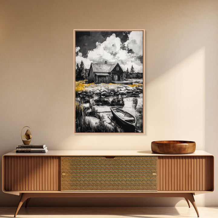 Cabin Reflection, Rustic Home Art, Log House Painting, Tranquil Lake, Country Home Wall Decor, Framed Canvas Print, Nature Lover Gift