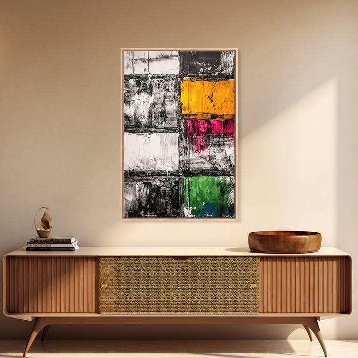 Abstract Modern Art, Black White Geometric, Yellow Red Green Blocks, Minimalist Wall Decor, Office Art, Mid Century Style, Canvas Print