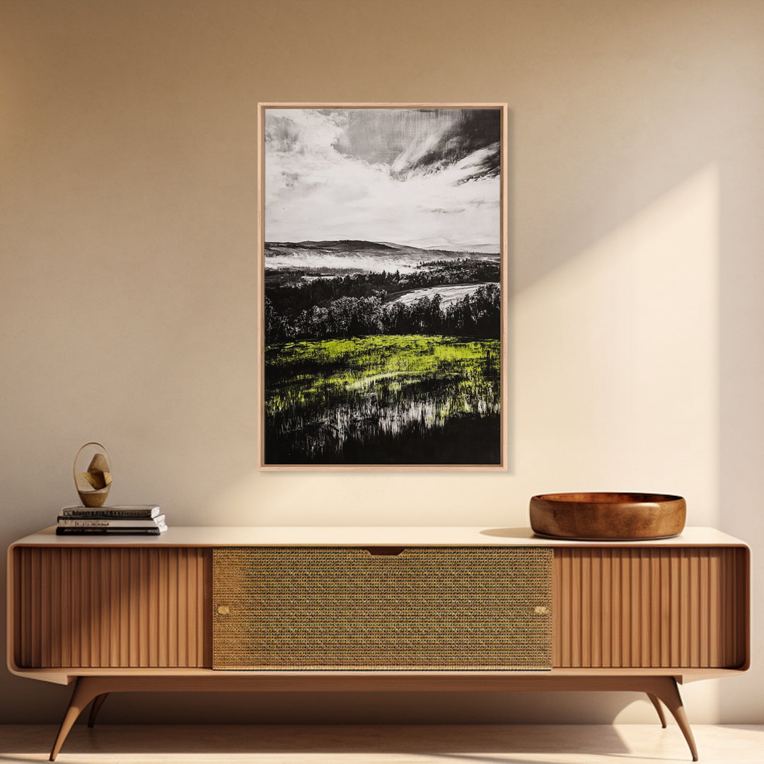 Rolling Hills, Nature Landscape, Canvas Print, Black White Green Art, Farmhouse Decor, Rustic Wall Art, Bedroom Decor, Fall Home Art