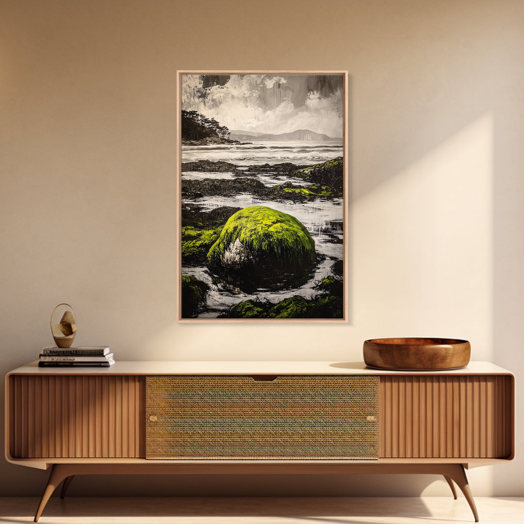 Coastal Rocks, Mossy Shore, Framed Canvas Print, Ocean Landscape, Beach House Wall Art, Nautical Decor, Green Nature, Relaxing Art